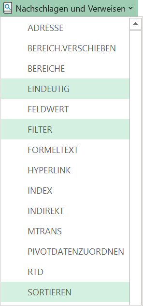 Die hellgrün unterlegten Einträge sind drei der sechs neuen Arrayfunktionen, die Excel 365 zur Verfügung stellt