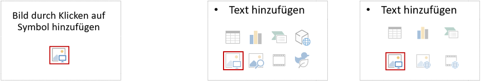 Bild 2: Im Bild-Platzhalter links gibt es nur die eine Bild-Option. Die Inhalts-Platzhalter in Version 365 und in älteren Versionen bieten neben der Texteingabe acht bzw. sechs Optionen zum Einfügen unterschiedlicher Objekte