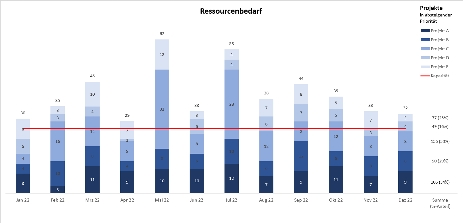 Bild 1: Wie viele Ressourcen jedes Projekt pro Periode bindet, lässt sich leicht anhand eines "Ressourcengebirges" visualisieren