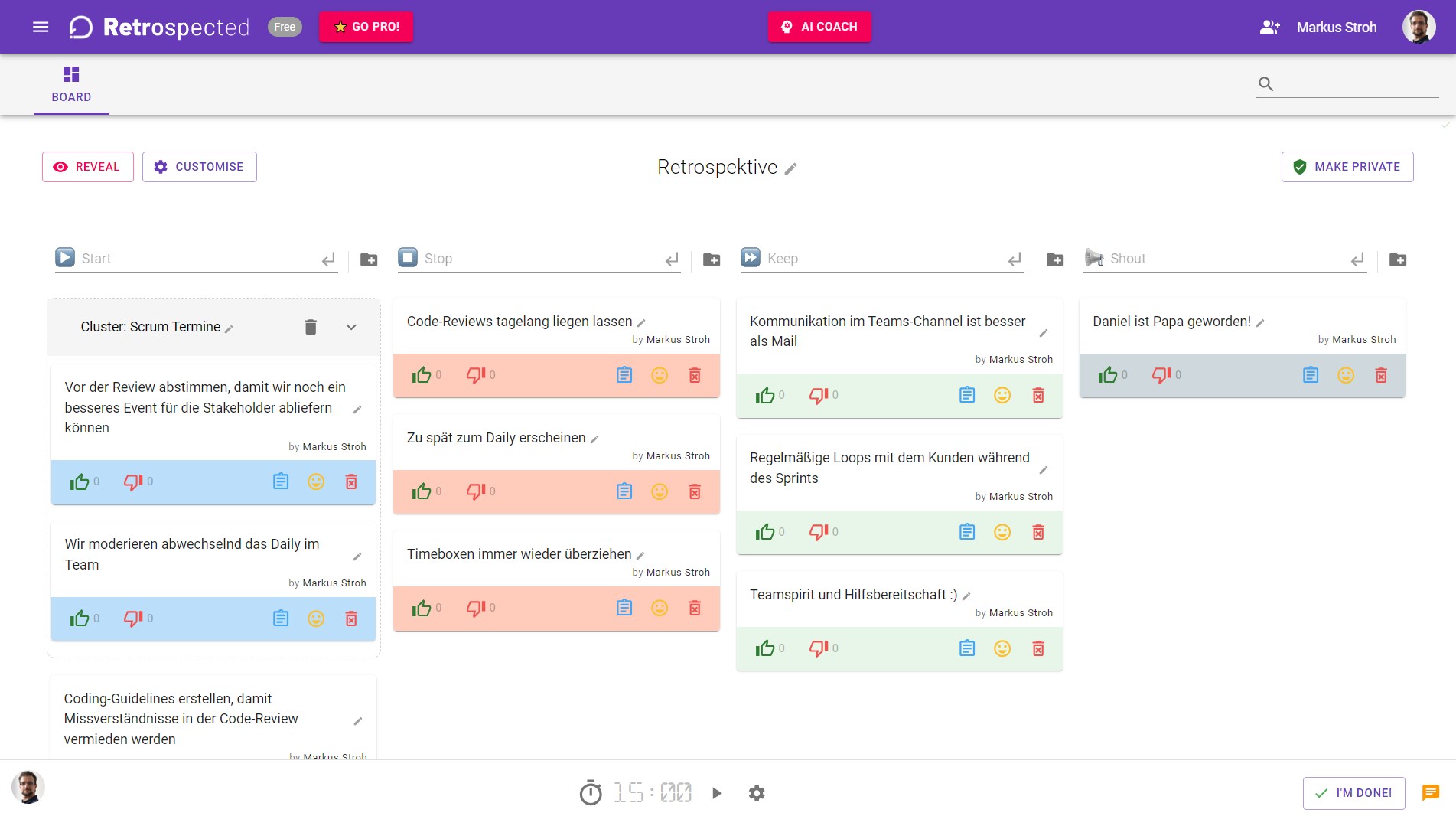 Bild 1: "Start / Stop / Keep" mit Retrospected (Quelle: Retrospected/adesso)