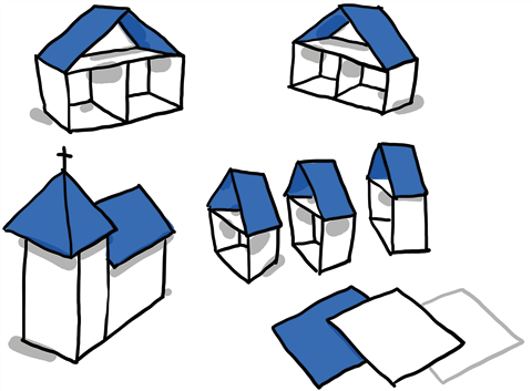 Bild 1 zeigt im Artikel beschriebene Haustypen: Doppelhaus, Reihenhäuser, Kirche sowie drei bögen Papier. Es sind schematische Zeichnungen.