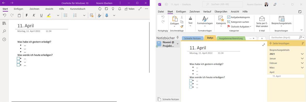 Bild 1: Es gibt zwei Versionen von OneNote. Das Design der Anwendung "OneNote für Windows 10" (links im Bild) ist im Vergleich zur OneNote App (rechts im Bild) deutlich schlanker.
