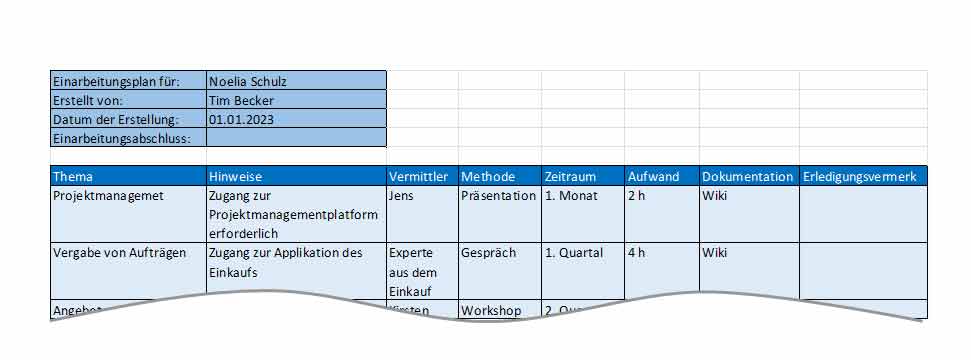 Auszug aus einem Einarbeitungsplan