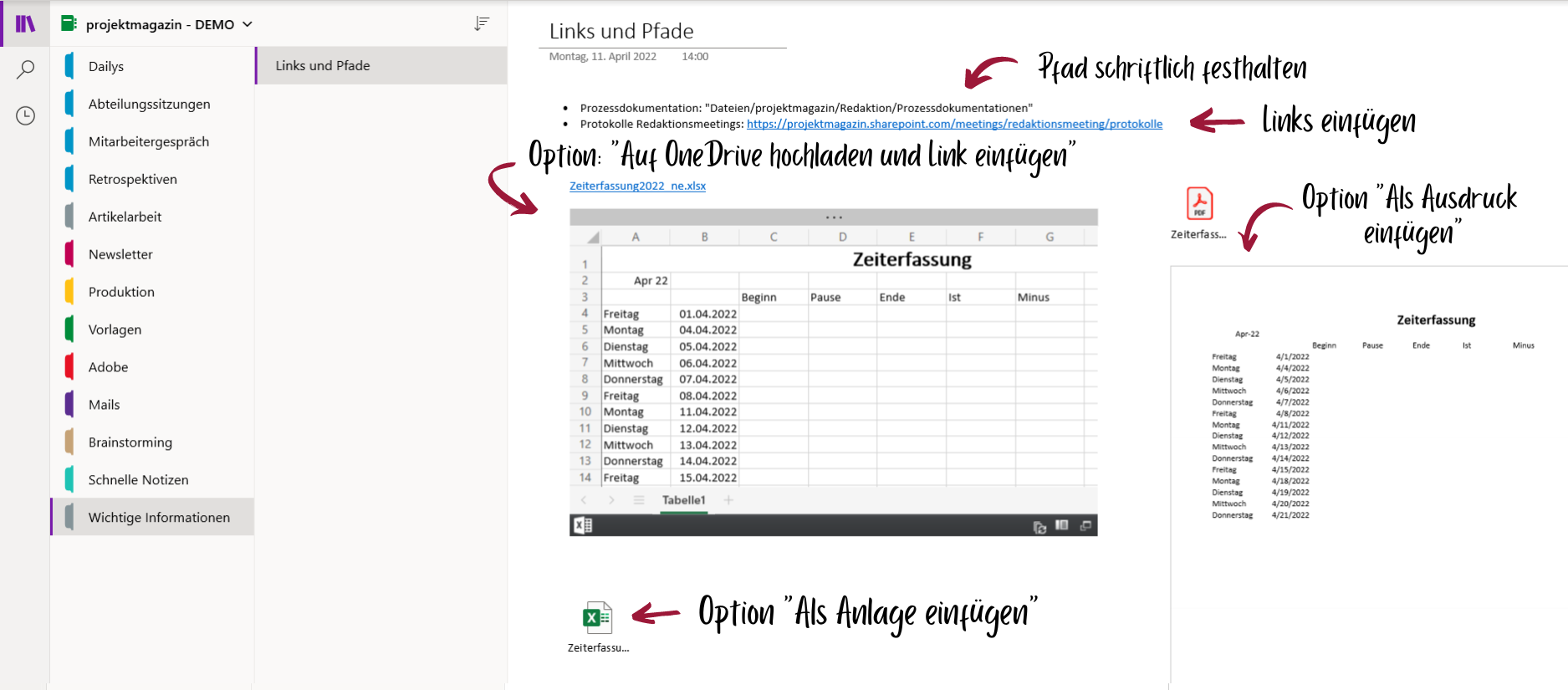 Bild 5: OneNote bietet verschiedene Möglichkeiten, um Links, Pfade und Dateien einzubinden