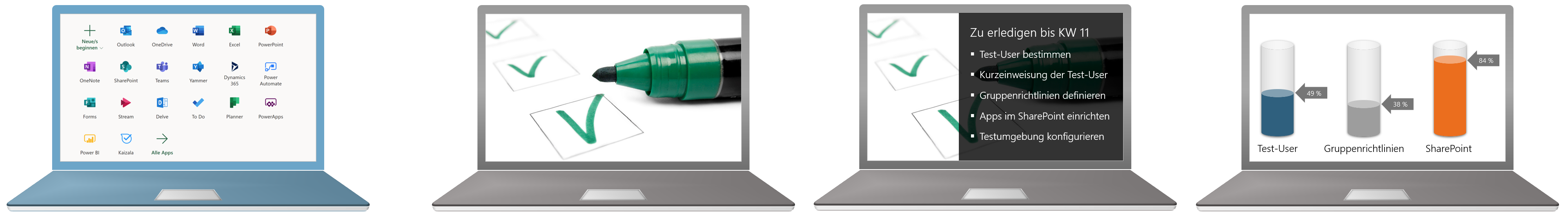 Mit Folien im Notebook-Design werden die Inhalte des IT-Projekts "Umstieg auf Office 365" authentisch vermittelt