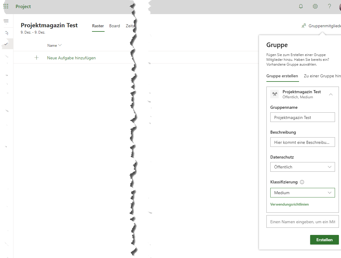Das Projektteam lässt sich schnell in Form einer geschlossenen Microsoft 365 Gruppe erstellen
