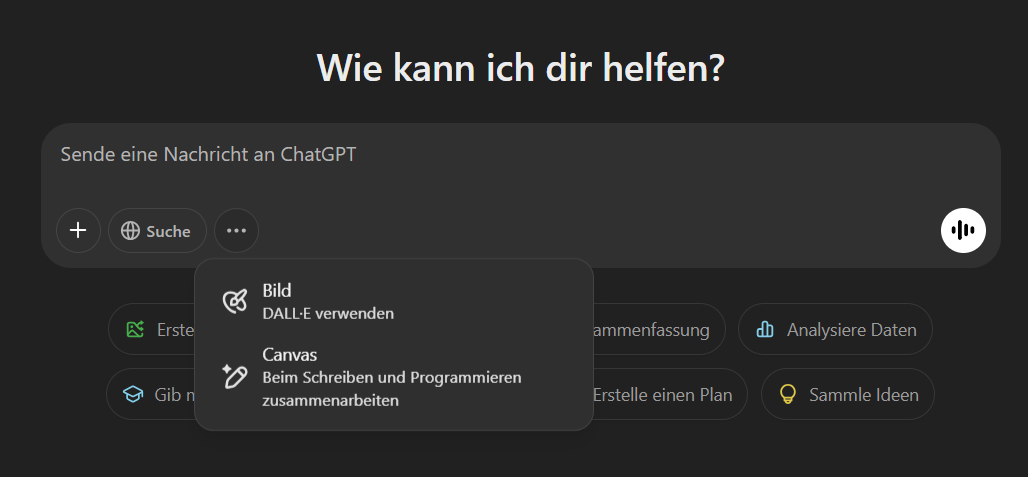Durch einen Klick auf das Dropdown-Menü (links oben) kann Canvas manuell ausgewählt werden