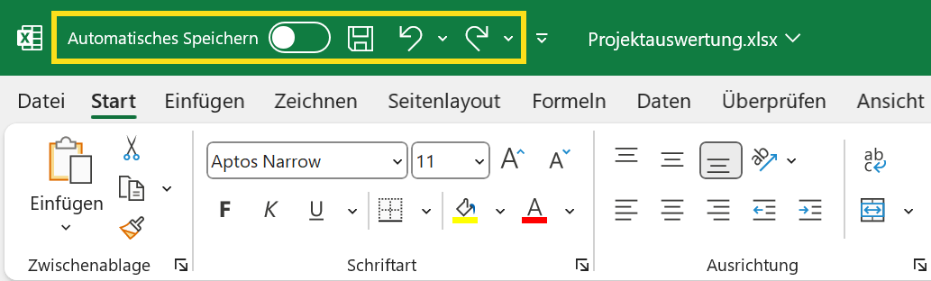 Standardmäßig ist die Symbolleiste für den Schnellzugriff über dem Menüband angeordnet und besteht nur aus den vier Befehlen Automatisch speichern, Speichern, Rückgängig und Wiederherstellen 