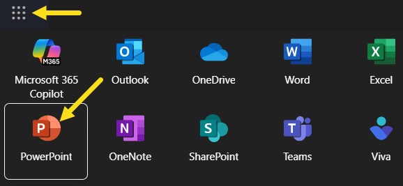 Über das App-Startfeld in der linken oberen Ecke des Webbrowsers die App PowerPoint öffnen
