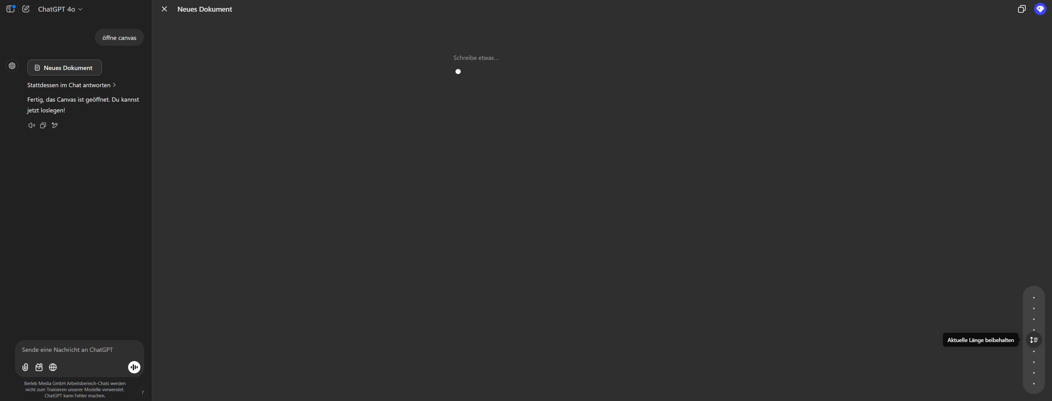 Canvas ist so aufgebaut, dass Sie in dem kleineren Chatfeld links Ihre Befehle eingeben. Das große Feld in der Mitte ist das Bearbeitungsfeld. Hier sehen Sie die Antworten, die Ihnen ChatGPT auf Ihre Befehle gibt und die Sie hier nun weiterbearbei-ten können.