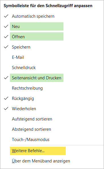 Per Klick auf Weitere Befehle in der Auswahlliste öffnen Sie das Dialogfeld, über das Sie Zugriff auf alle Befehle erhalten