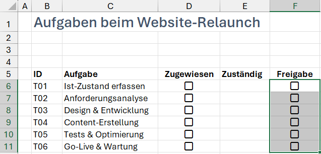 Mehrere Zellen markieren und dann mit nur einem Klick die gewünschten Kontrollkästchen einbauen