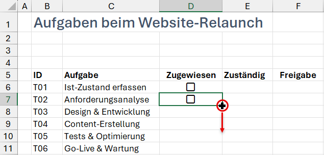 Durch Ziehen am Ausfüllkästchen das Kontrollkästchen einfach nach unten kopieren