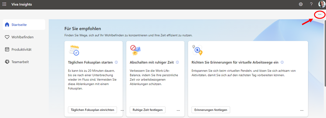Zu den Einstellungen gelangen Sie, indem Sie auf der Startseite von Insights in der rechten oberen Ecke auf die drei Punkte klicken. Wählen Sie dann im erweiterten Kontextmenü die Option "Einstellungen" aus (Bild 2).