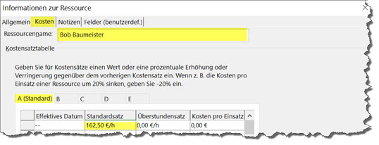Bild 3: Tragen Sie als Kostensatz A (Standard) den externen Kostensatz ein, als Kostensatz B den internen.