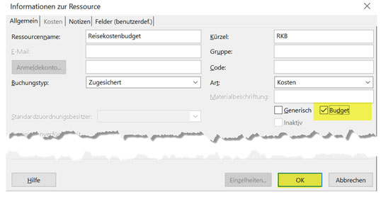 Bild 2: Budgetressource aktivieren.