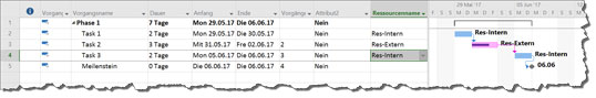Arbeitspakete externer Ressourcen im Gantt-Chart in anderer Farbe,