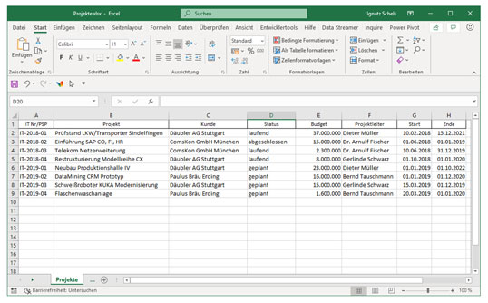 Bild 2: Eine Projektliste im Excel-Tabellenblatt
