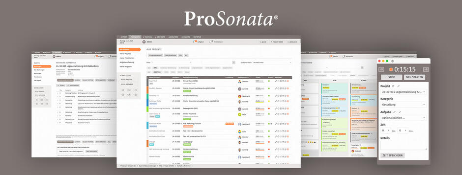 ProSonata Softwareansicht der Projektübersicht, Rechnungen und Aufgaben