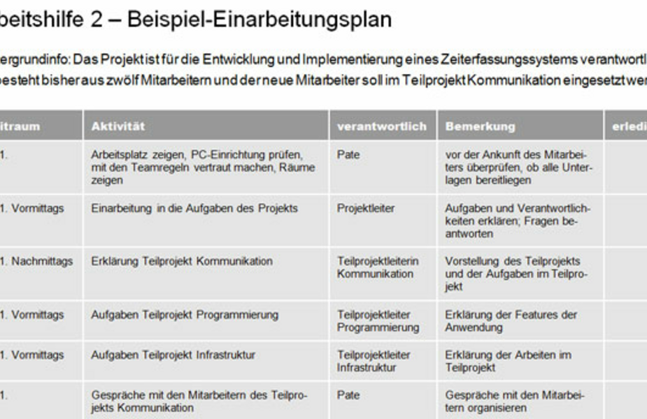 Beispiel für Einarbeitungsplan eines neuen Mitarbeiters Beispiel für Einarbeitungsplan eines neuen Mitarbeiters