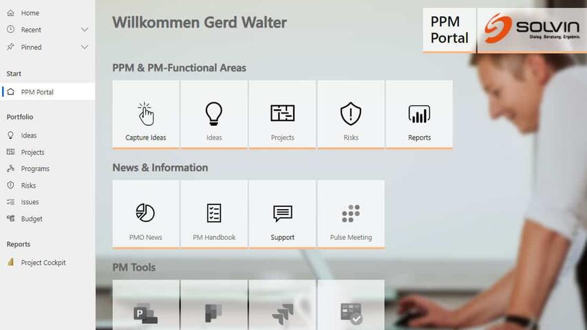 Beispiel der Einstiegsseite des SOLVIN PPM Integration Center