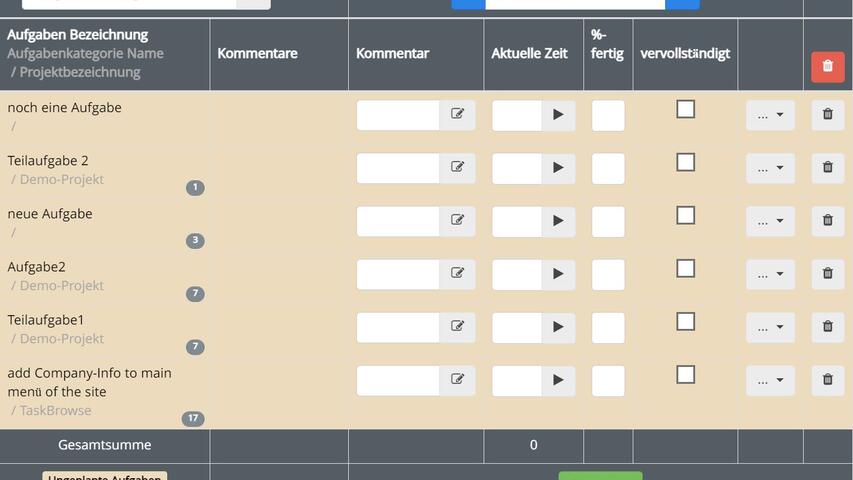 Arbeitszeitblatt in TaskBrowse