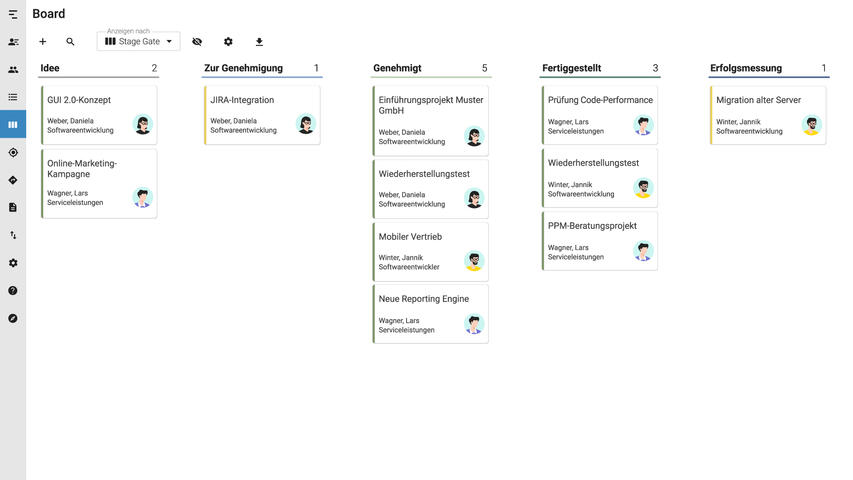 Board-Ansicht mit Projekten im Kanban-Stil