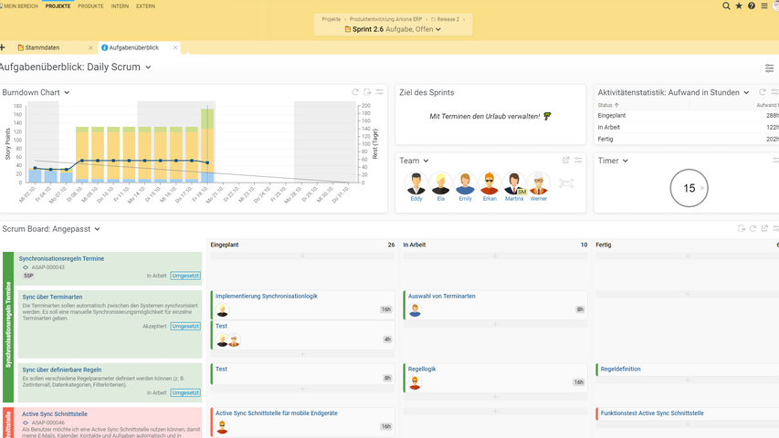Im Aufgabenüberblick in BCS erhalten Sie einen Überblick über den Sprint-Status und das Scrum-Board mit allen Aktivitäten.
